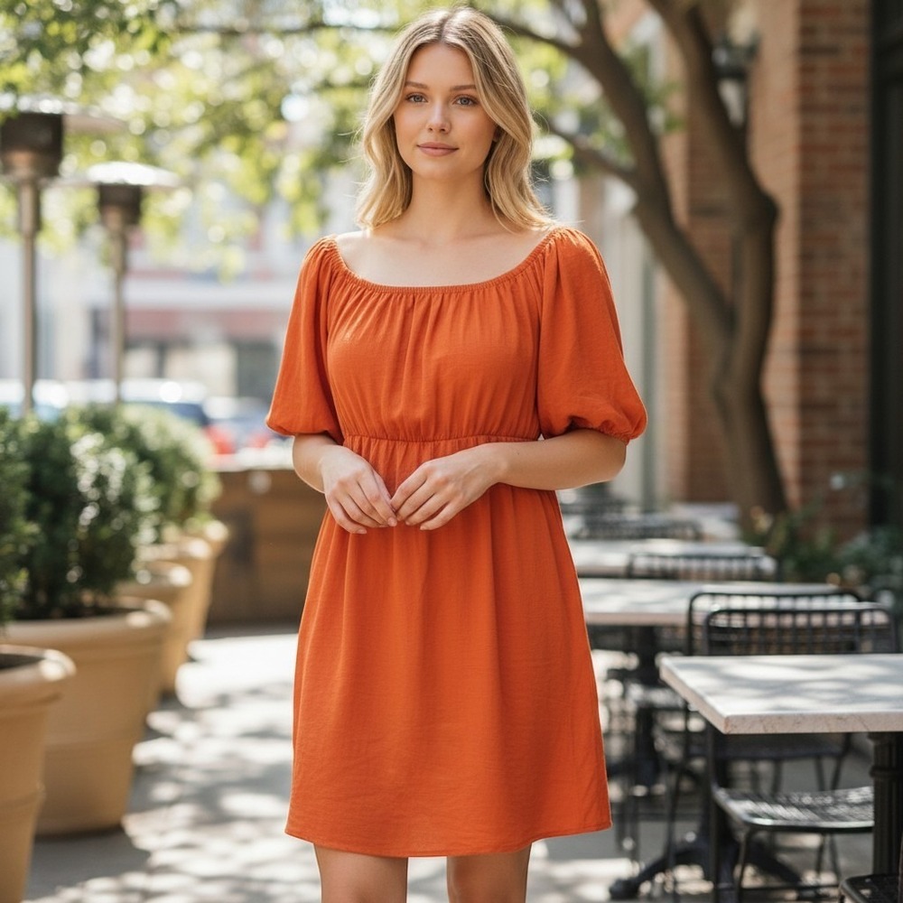 See You Monday Burnt Orange Puff Sleeve Empire Waist Mini Dress Womens Large